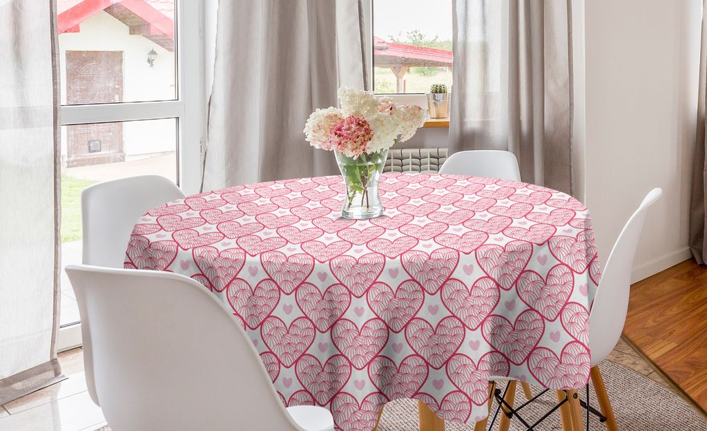 ABAKUHAUS Valentinstag Runde Tischdecke, Abstraktes Herz-Motiv, Kreis Tischdecke Abdeckung für Esszimmer Küche Dekoration, 150 cm, Rose Dunkle Coral