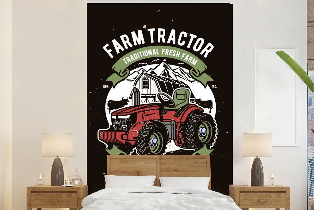MuchoWow Fototapete für Wohnzimmer oder Schlafzimmer Wandtapete Vinyl Motivtapete Traktor - Bauernhof - Retro - 145x220 cm - Wanddekoration