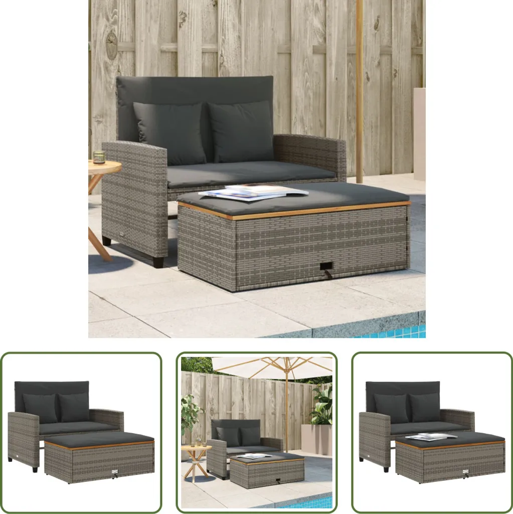 Canapé de jardin résistant aux UV gris et bois 2 places avec coussins