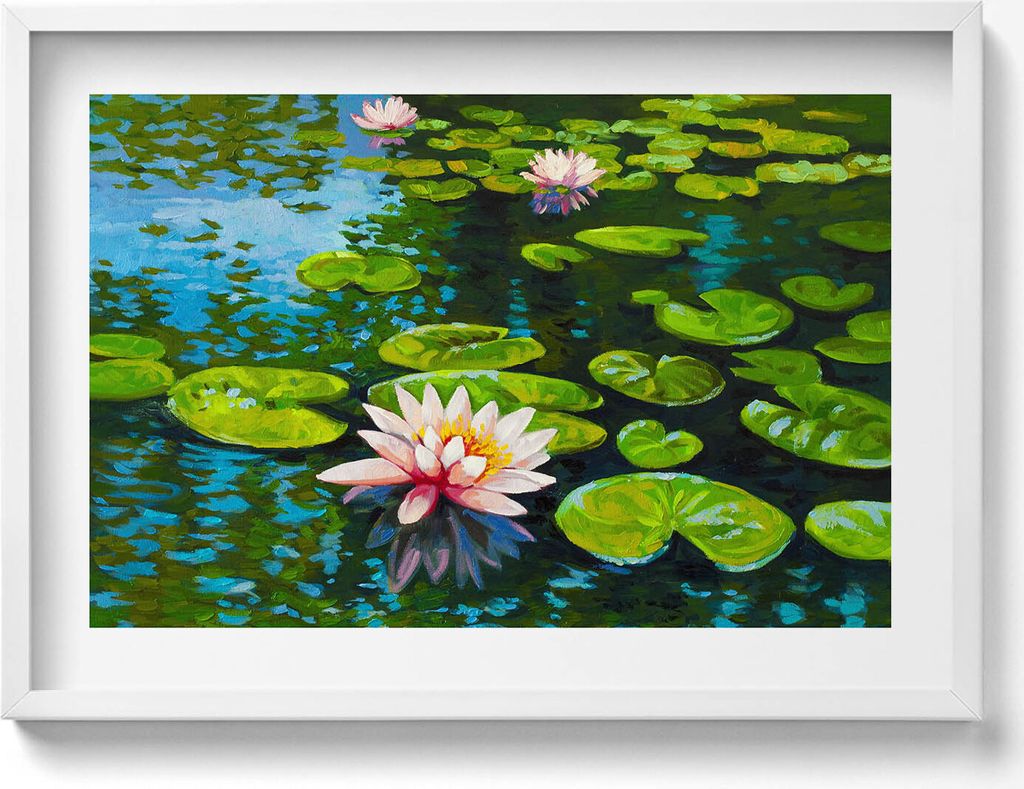 Malerei Wasserlilien– Wandbild mit Rahmen – Gerahmtes Bild – Wanddekoration – 70x50 cm – Weiß Rahmen