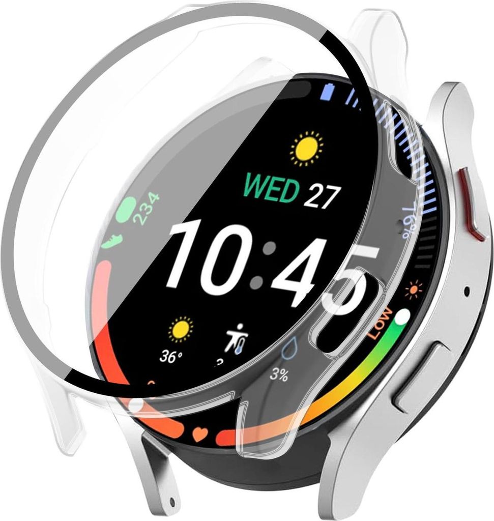 A smartwatch with a protective case is shown from a diagonal angle.