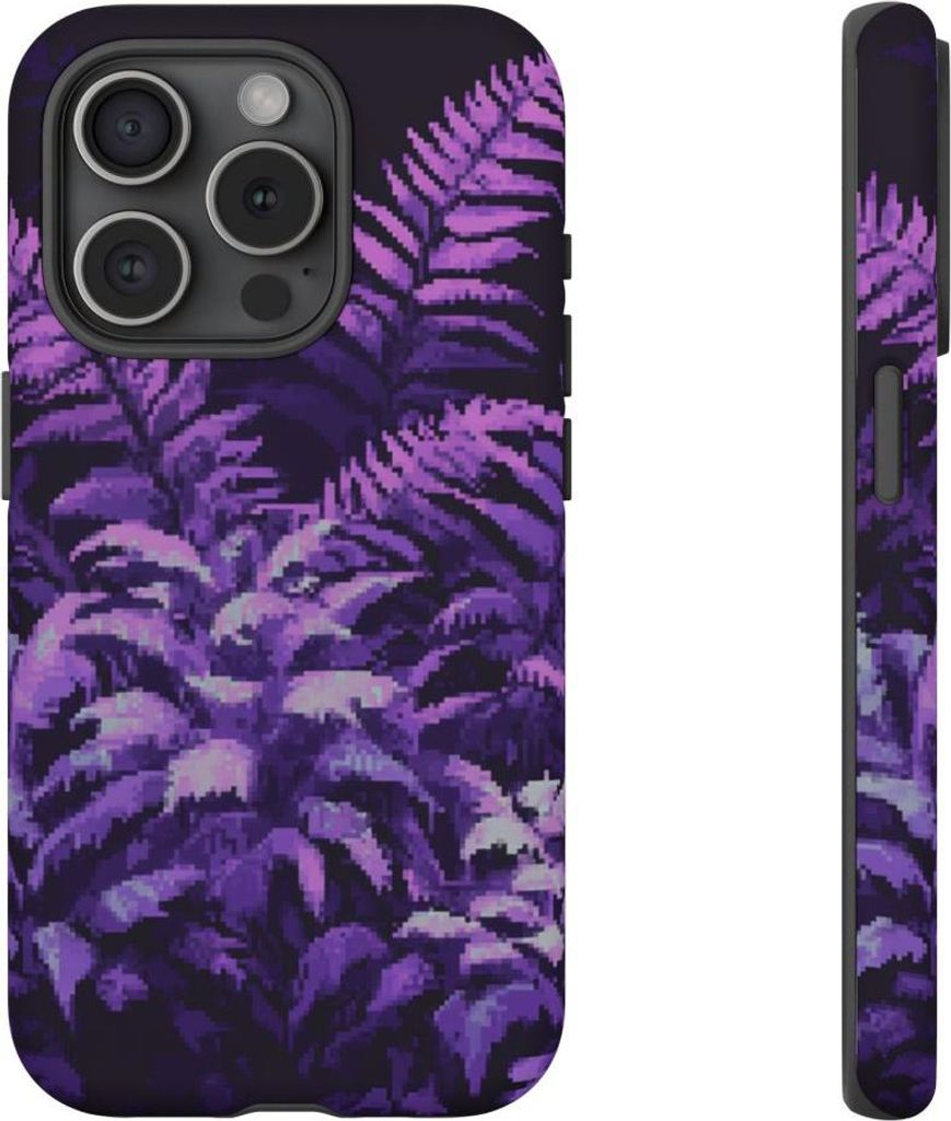 Pixel-Art Farnblätter in Lila – Hülle Kompatibel mit iPhone 15 Pro