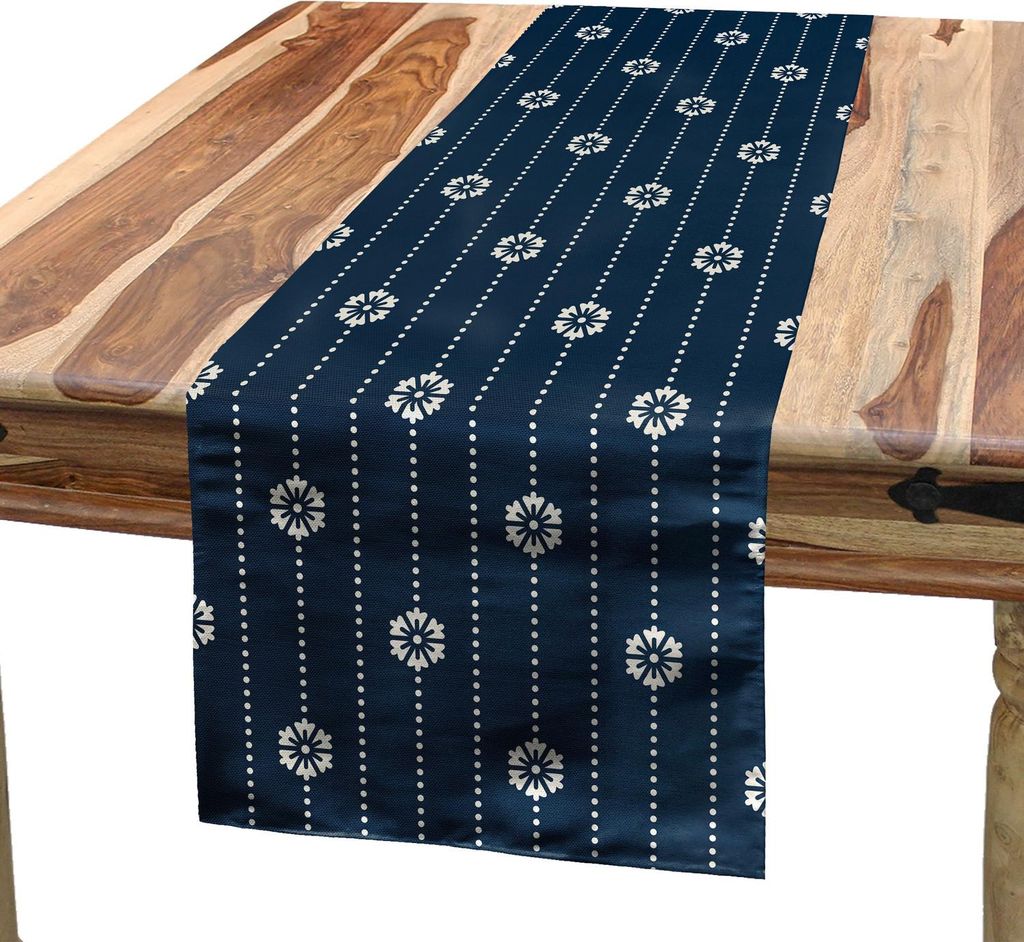 ABAKUHAUS Geometrisch Tischläufer, Natur-Blumen-Muster mit Verbindungs-Punkten, die Blumenanordnung blühen, 40 x 180 cm, Dark Blue Creme