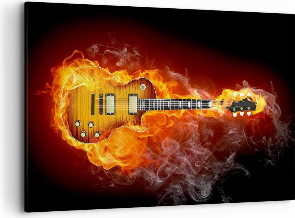 Bild auf Leinwand - Leinwandbild - Feuer Gitarre Instrument - 120x80cm - Wand Bild - Wanddeko - Leinwanddruck - Bilder - Kunstdruck - Wanddekoratio...