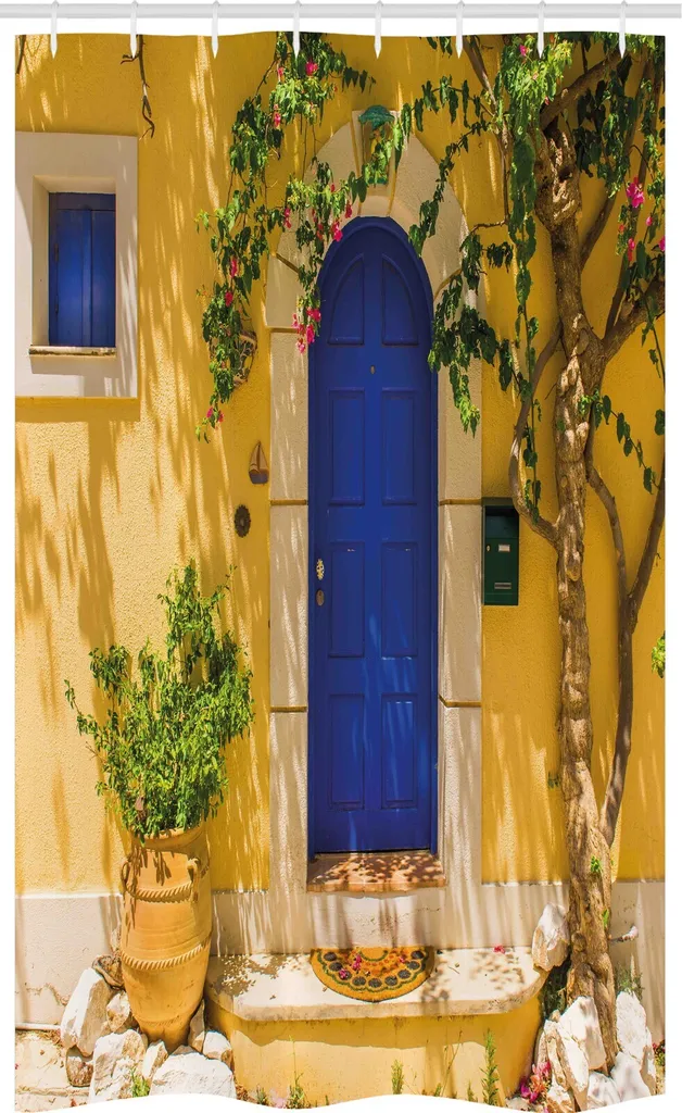 ABAKUHAUS Tenda da doccia stretta gialla e blu, Greek House, set decorativo per bagno in tessuto con ganci, 120 x 180 cm, multicolore