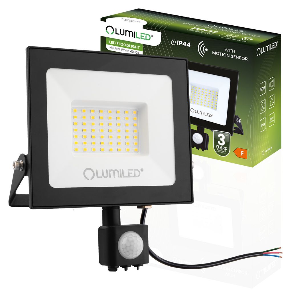 A Lumiled LED floodlight with a motion sensor is shown in front of its packaging.