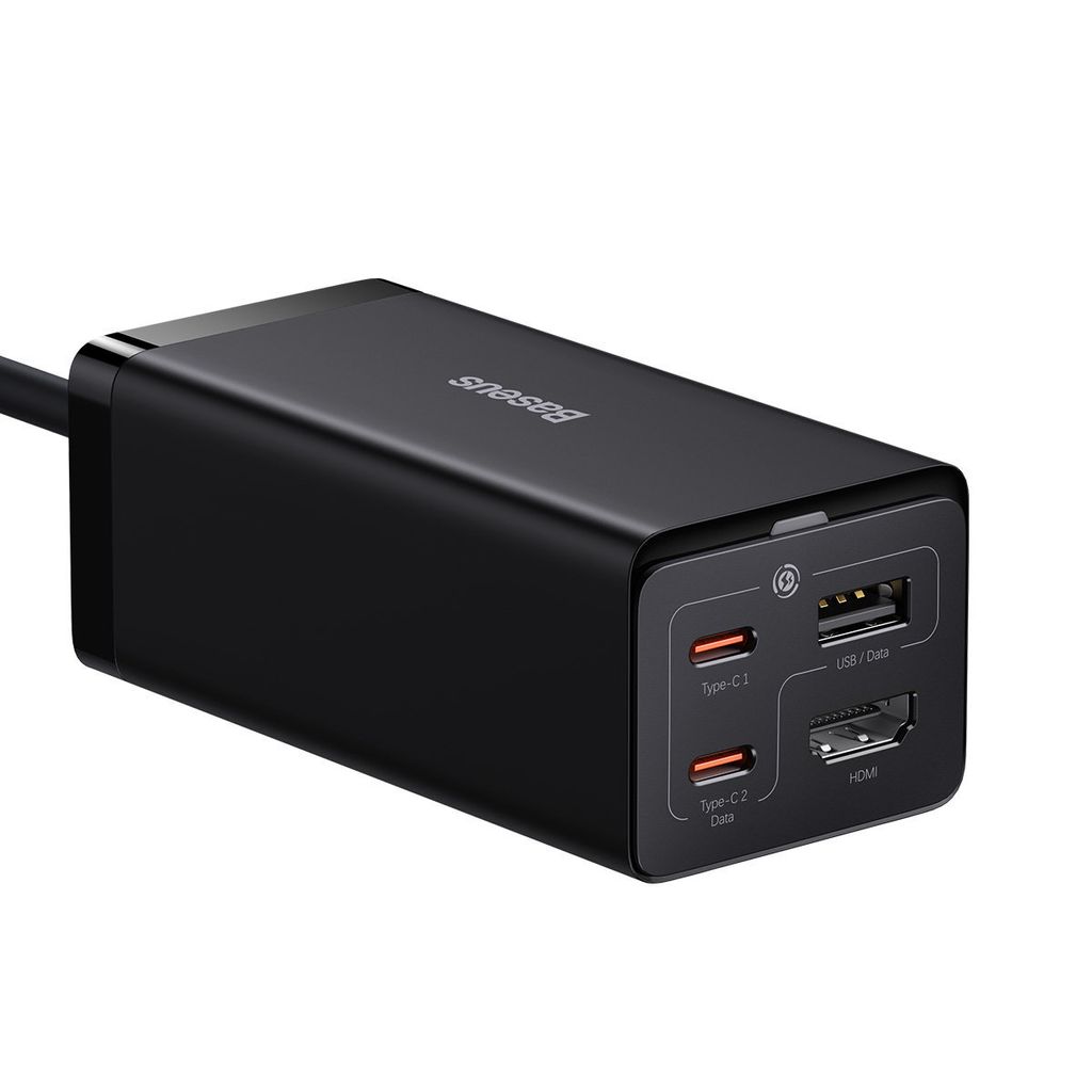 A black Baseus GaN5 Pro HUB charger with multiple ports.