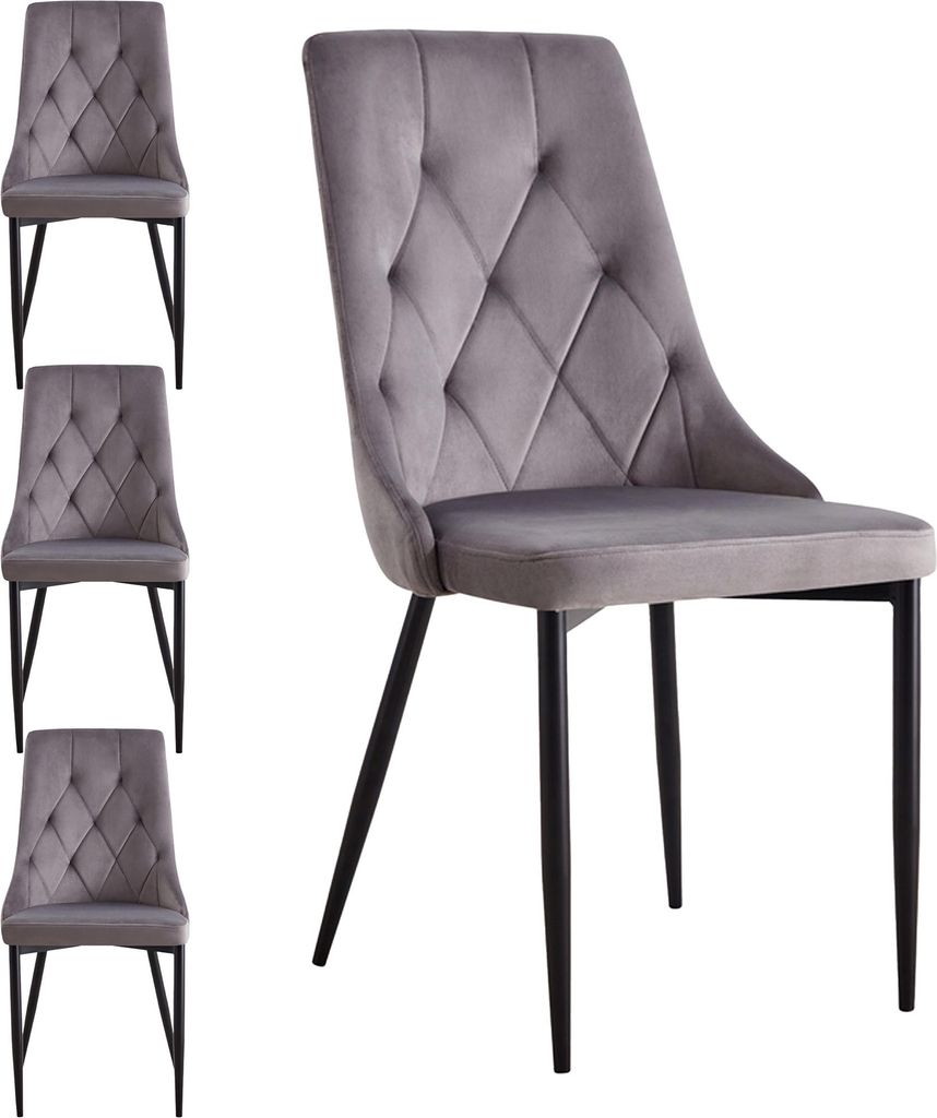 A set of four gray upholstered dining chairs with black metal legs, presented on a white background.
