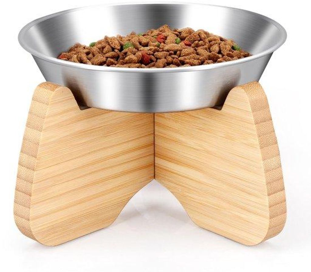Kattenvoerbak aus Edelstahl mit Anti-Slip-Bamboo-Griff, Standardgröße