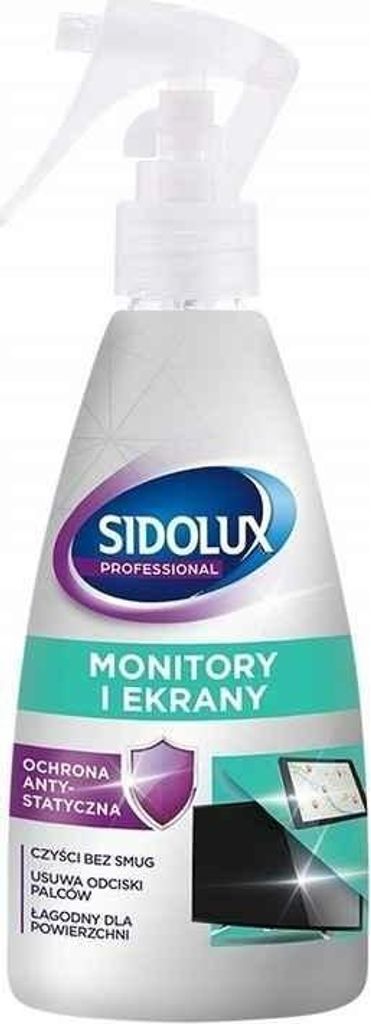 A spray bottle of cleaning product for monitors and screens.