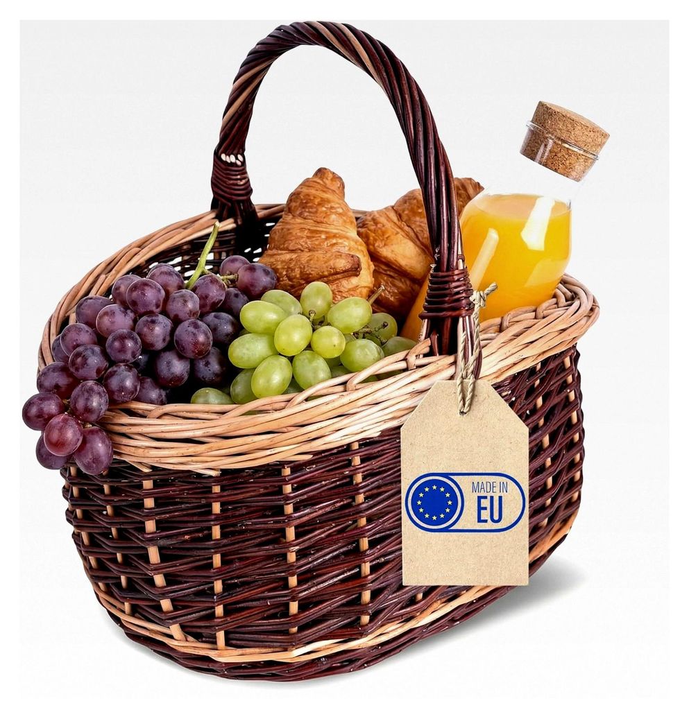 Großer Picknickkorb aus Weide mit Henkel, zweifarbig | 43 x 33 x 40 cm | Dunkelbrauner Pilzkorb | Handgeflochten, leicht und vielseitig