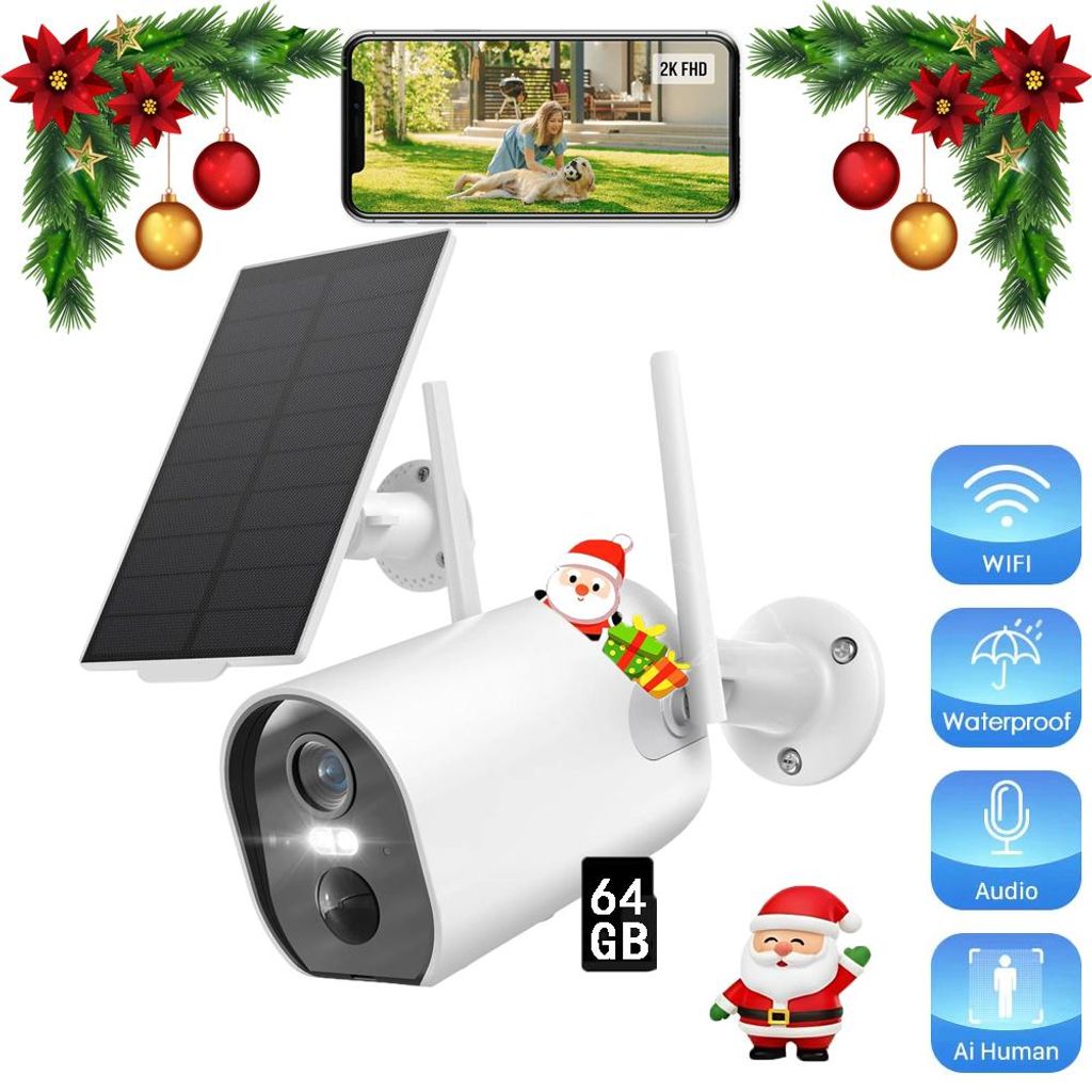 Überwachungskamera Aussen Akku Solar - 2K Kamera Überwachung Aussen WLAN Outdoor kabellos Solarpanel 64GB