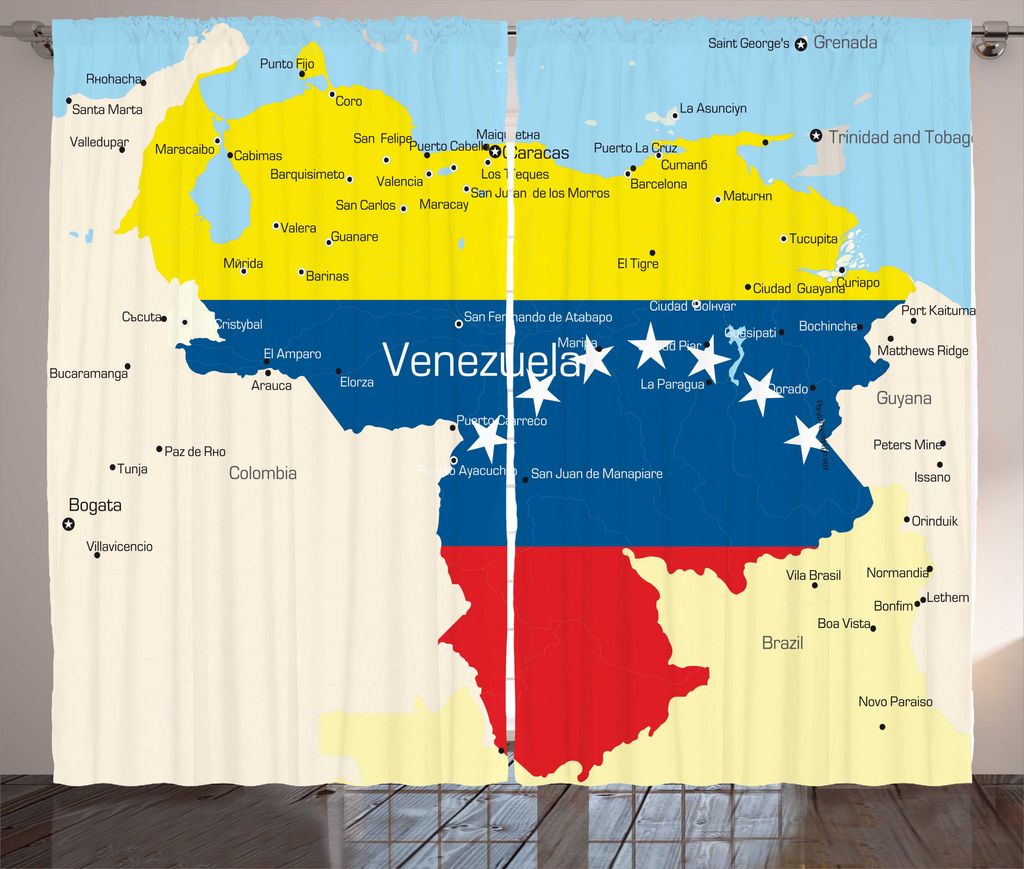 ABAKUHAUS Venezuela Rustikaler Gardine, Bunte Detaillierte Karte, Schlafzimmer Kräuselband Vorhang mit Schlaufen und Haken, 280 x 225 cm, Mehrfarbig