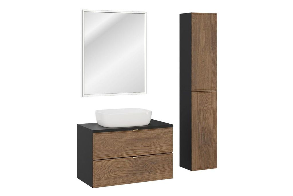 Badmöbel-Set Mit 2 Hängeschrank Aufsatzwaschbecken & Unterschrank 80 cm LED-Spiege, Talia Casella T BM96 - Schwarz Matt/Casella Oak