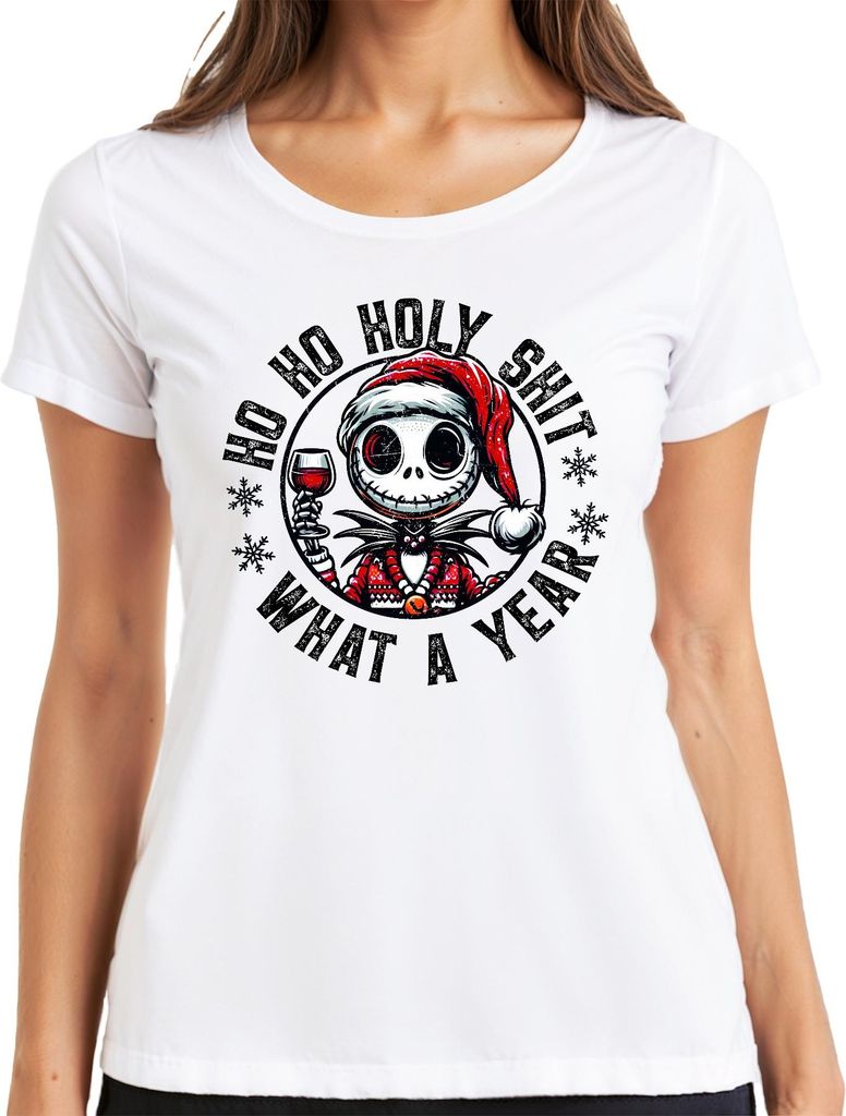 Ho Ho Holy Shit Skelett Weihnachten Wein lustig Retro Damen T-Shirt, Weiß, 3XL