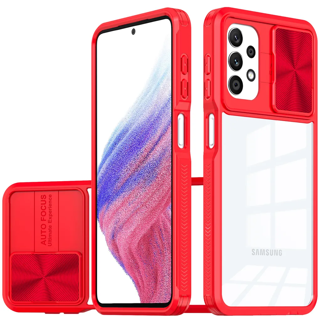 Custodia Galaxy A32 5G, Custodia ibrida in TPU trasparente con copertura scorrevole della fotocamera Samsung Galaxy A32 5G rosso