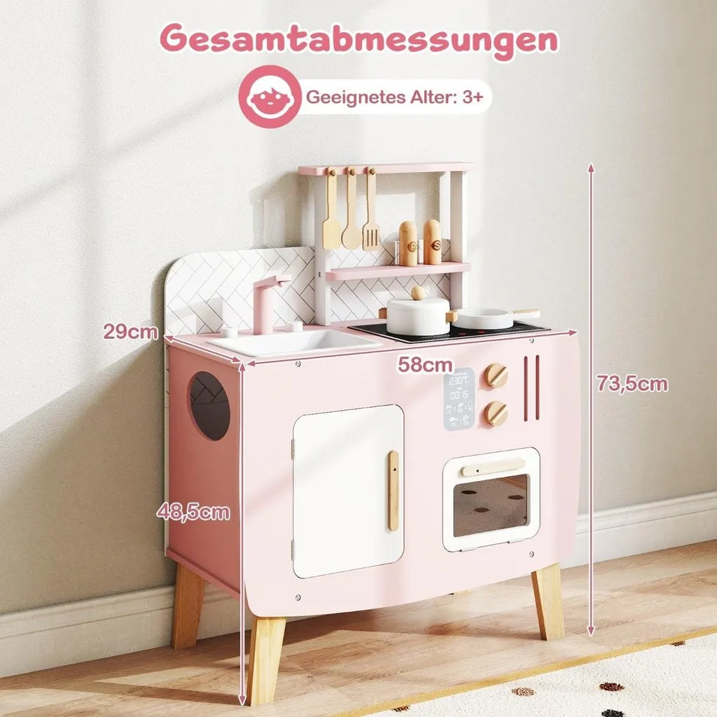 Cuisine bois enfant avec évier inox et cuisinière à boutons interactifs