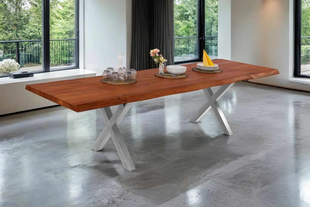 Esstisch mit Ansteckplatten 180(280)x90 cm Baumkante Akazie nussbaum X-Gestell silber CALI