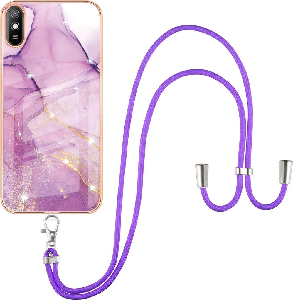 Redmi 9A Handykette Hülle, Ultra Dünn Soft TPU Bumper Anti-kratzt Schutzhülle mit verstellbarem Tragegurt für Xiaomi Redmi 9A Rosa