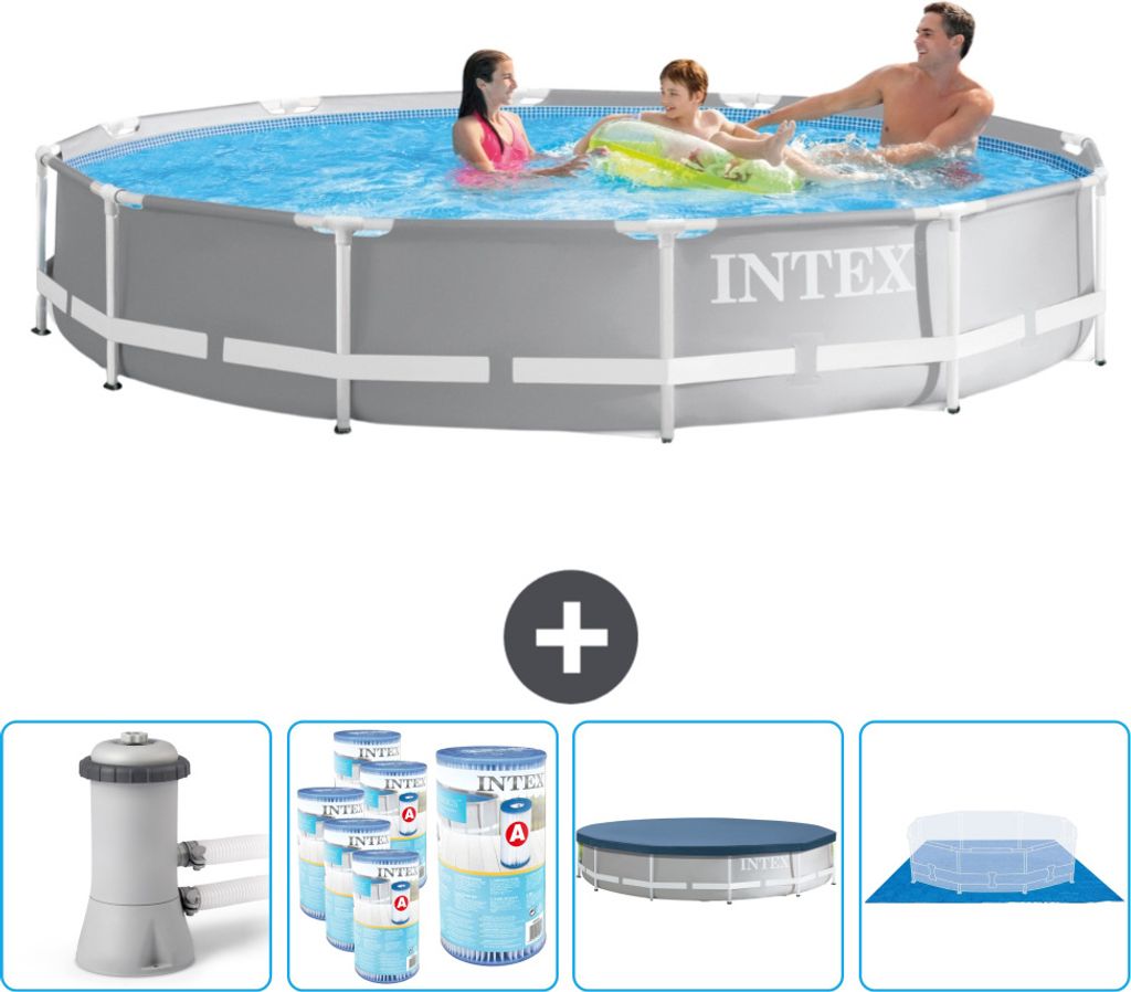 Intex Round Prism Frame Swimming Pool – 366 x 76 cm – Grau – inklusive Pumpe Filter - Abdeckung - Bodenplane