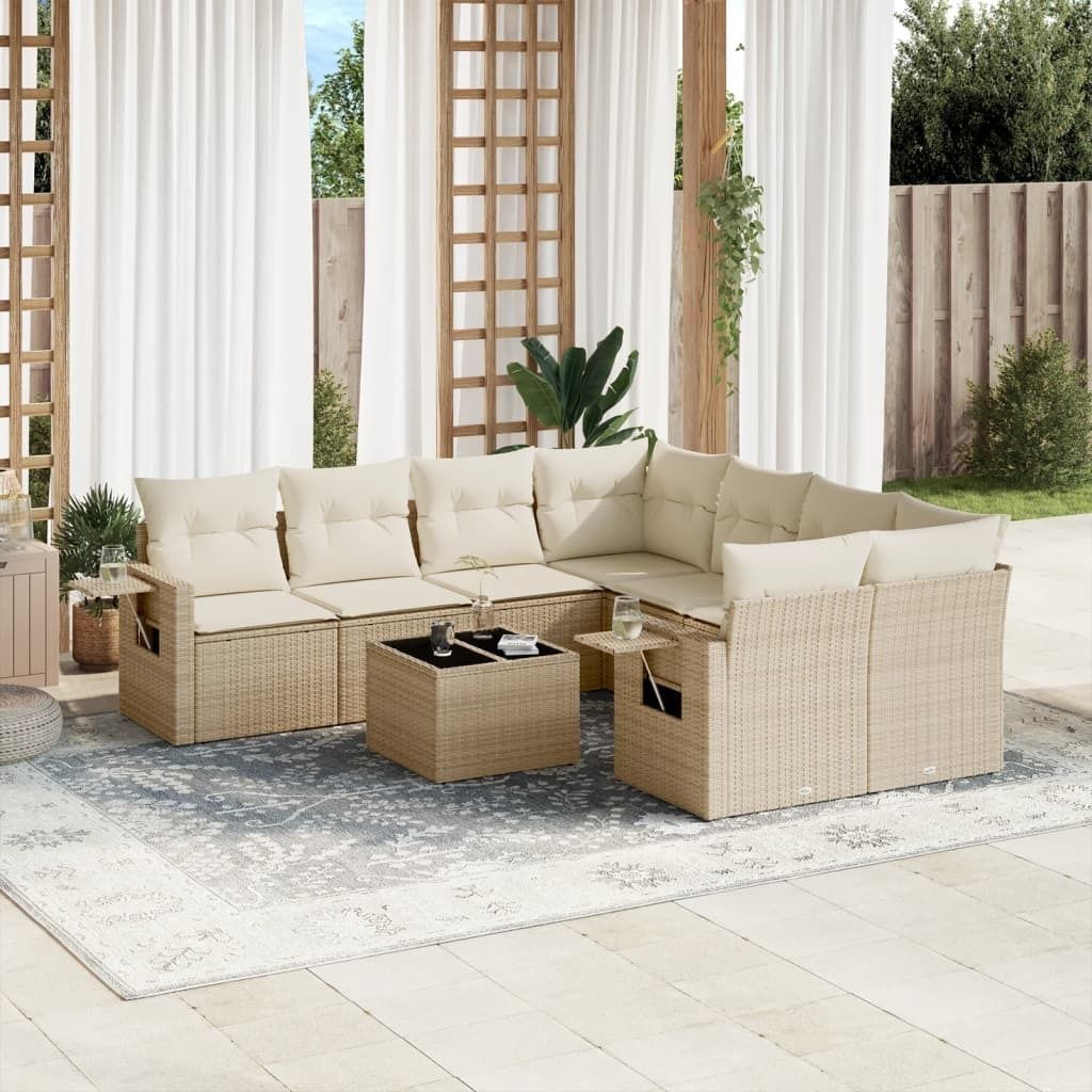 Design 9-tlg. Garten-Sofagarnitur mit Kissen Beige Poly Rattan, Gartenmöbel-Sets 2024 Neu