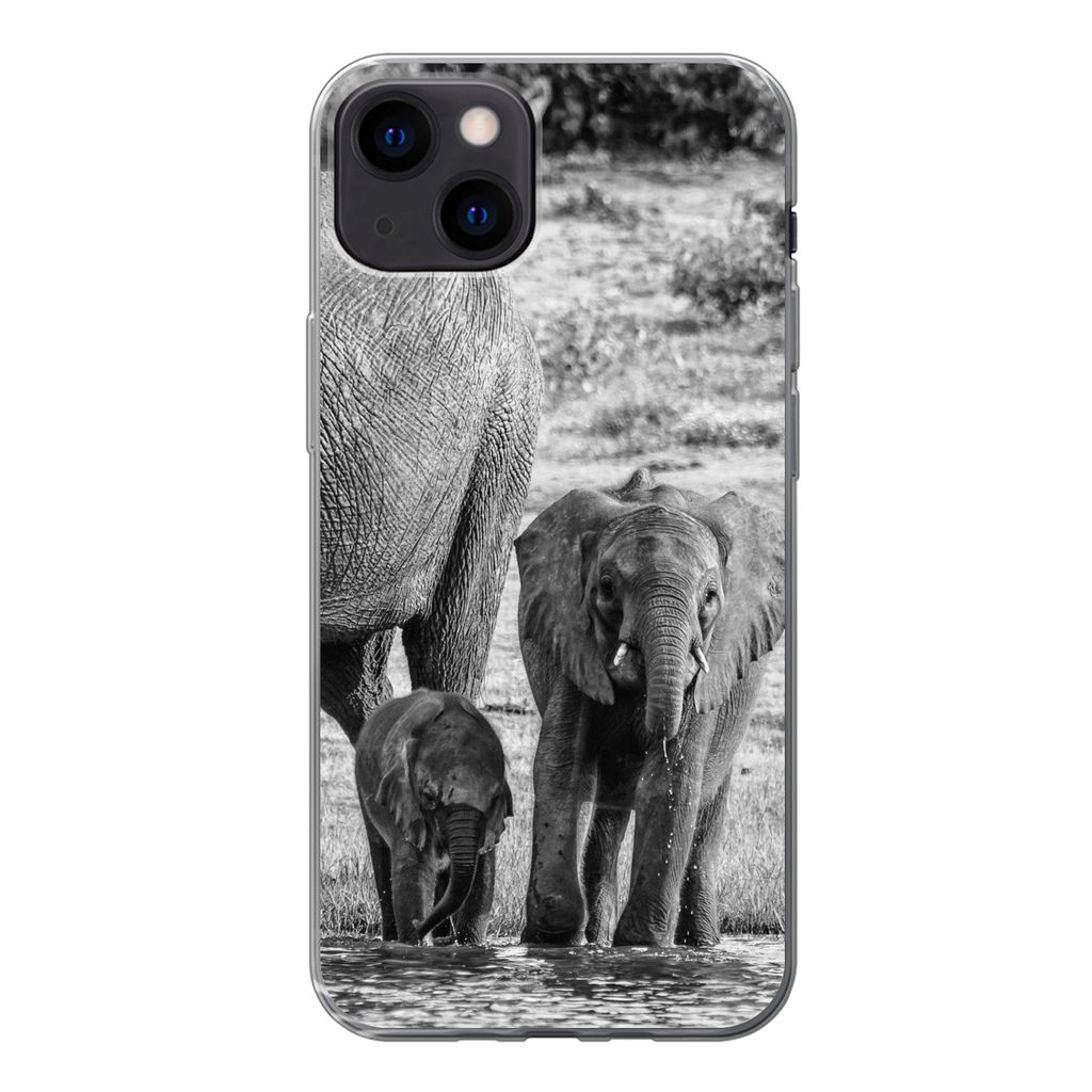 MuchoWow Handyhülle Schutzhülle Hülle für iPhone 13 Elefant - Wasser - Tiere - Schwarz - Weiß Silikon Softcase Handy Hülle - Karteninhaber