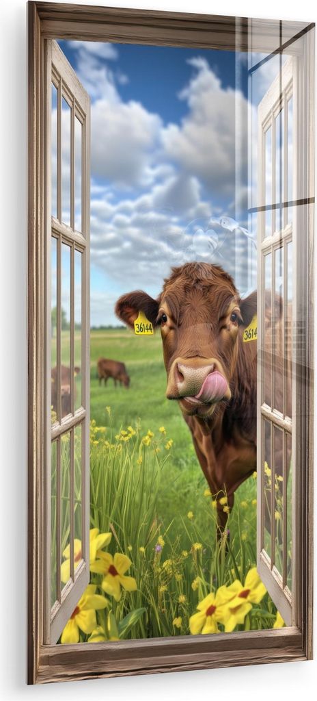 MuchoWow Glasbilder - Bilder auf Wandbild - Foto auf Glas Durchblick - Kuh - Wiese - Landschaft - Tiere 40x80 cm Wanddekoration aus Glas - Acrylgla...