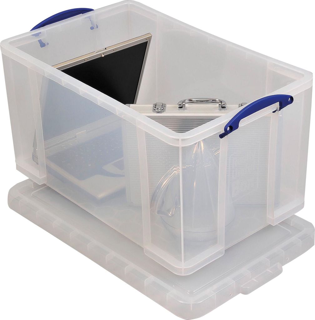 A clear plastic storage box with blue handles, containing a laptop and a briefcase.