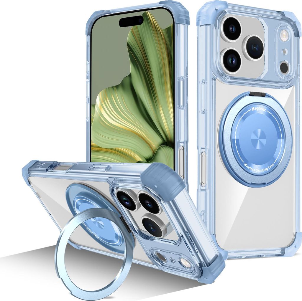 Handyhülle für iPhone 17 Pro Magnetisches Ringhalter Ständer Kompatibel mit Magsafe Militärschutz Transparente Hülle Blau