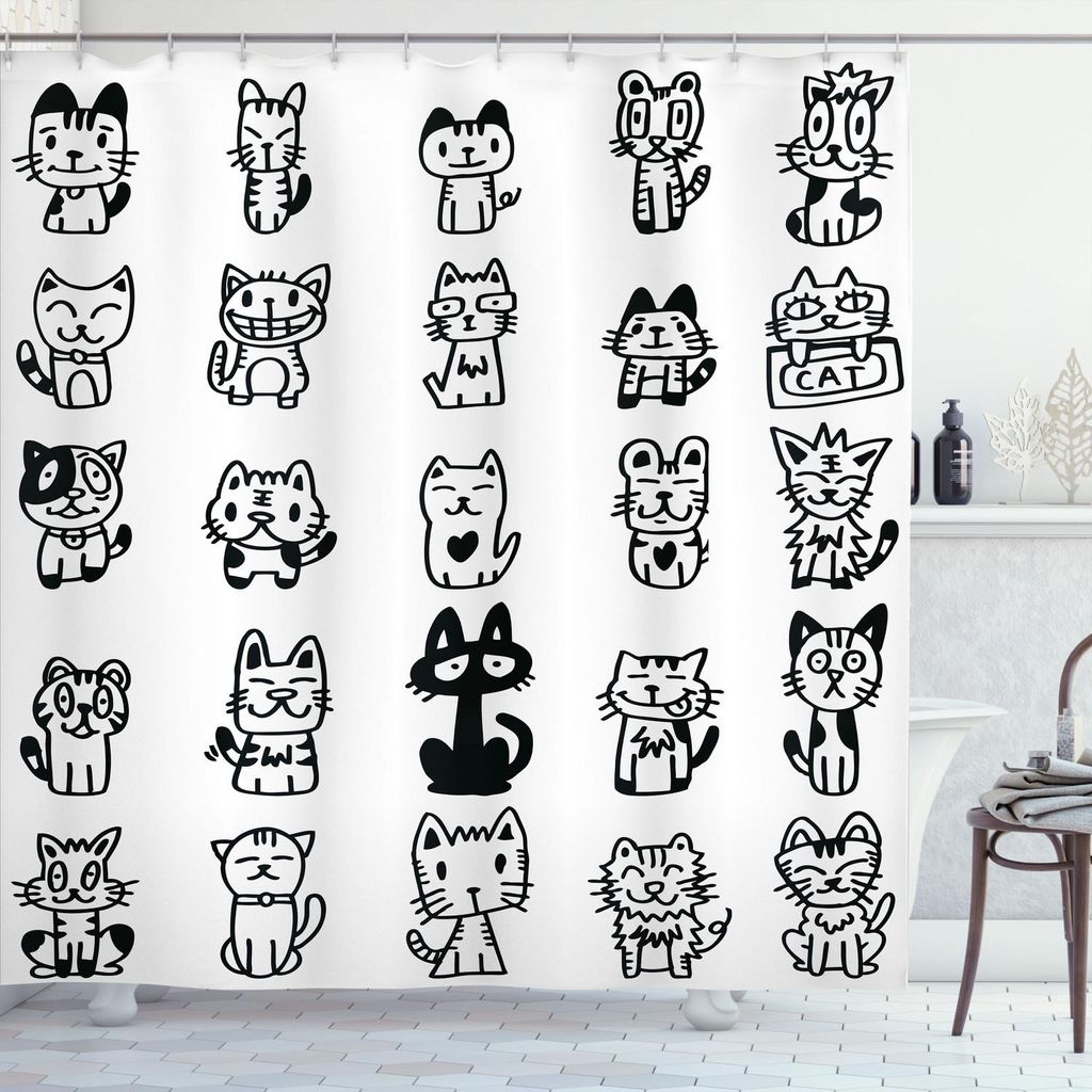 ABAKUHAUS Katze Duschvorhang, Hand Gezeichnete Glückliche Haustiere Lustiges Karikatur, 175 x 200 cm, Weiß Schwarz