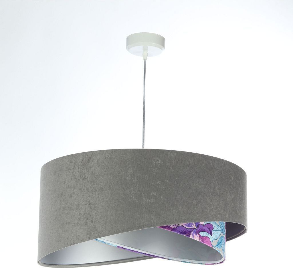 Pendelleuchte Stoff E27 D: 50 cm H: max. 102 cm in Weiß Grau Lila (Blumen Print) Silber rund Modern Hängelampe