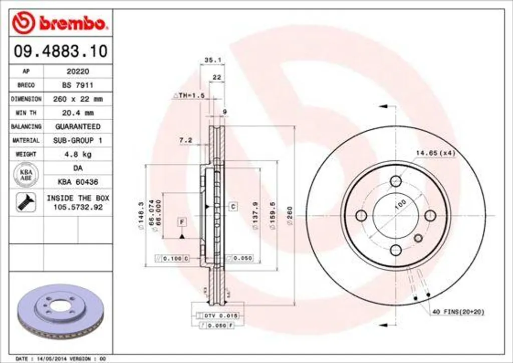 Disque de frein ventilé Brembo 09.4883.10 pour BMW Série 3 E30 Berline