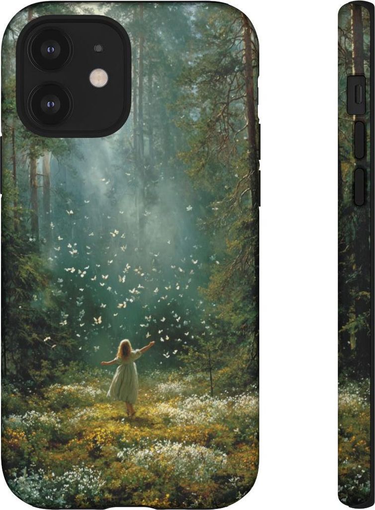Mädchen im sonnendurchfluteten Wald mit Schmetterlingen – Hülle Kompatibel mit iPhone 12
