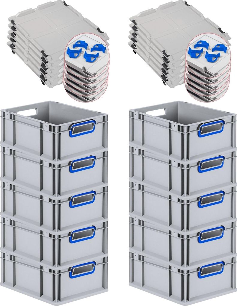 SuperSparSet 10x Eurobox NextGen Color mit Auflagedeckel und Schiebeschnappverschlüsse | HxBxT 17x30x40cm | 16 Liter | Griffe blau offen | Glatter...