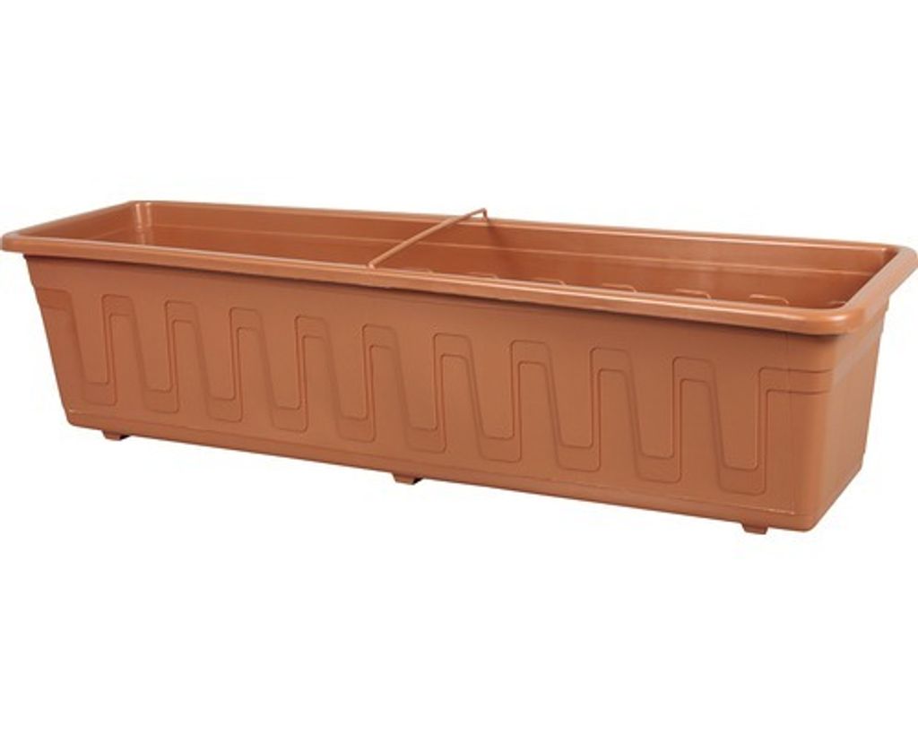 A long, rectangular planter box with a decorative pattern on the sides and a divider in the middle.