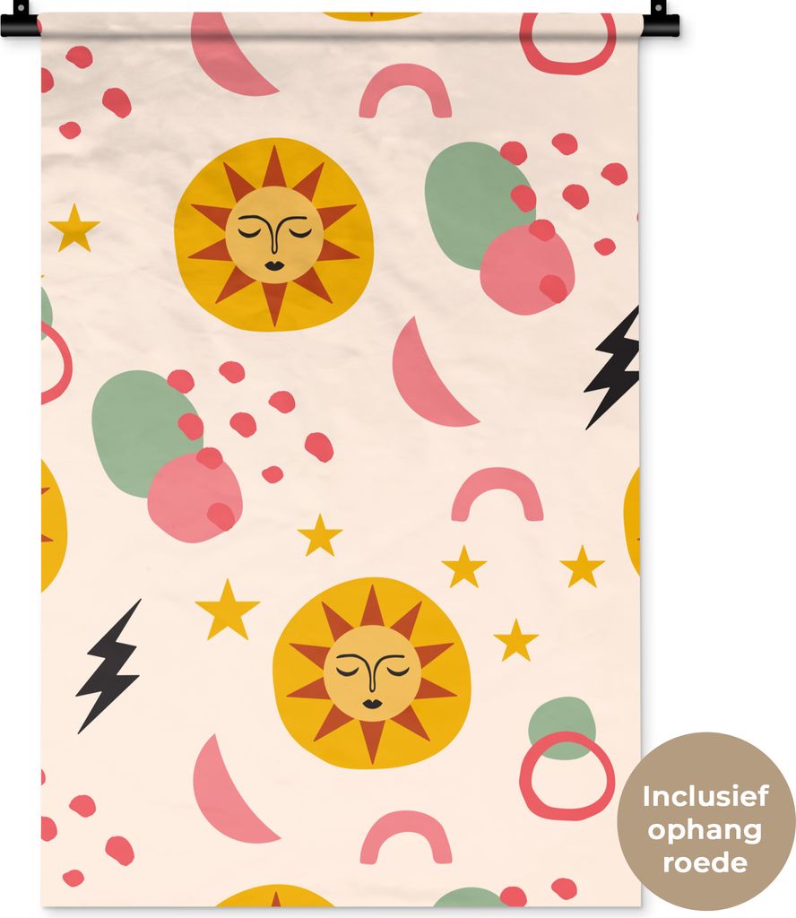 MuchoWow Wandteppich Wandbehang Sonne - Mond - Sterne - Muster 60x90 cm Tapisserie Dekoration Wandtuch - Foto-Teppich - Abwaschbar