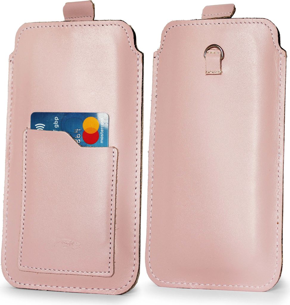 LURESKO ASTER 4XL Universelle Lederhülle mit Öse für ein Lanyard und Schieber für Handys bis zu 7 Zoll (glatt, rosa, weißer Faden)