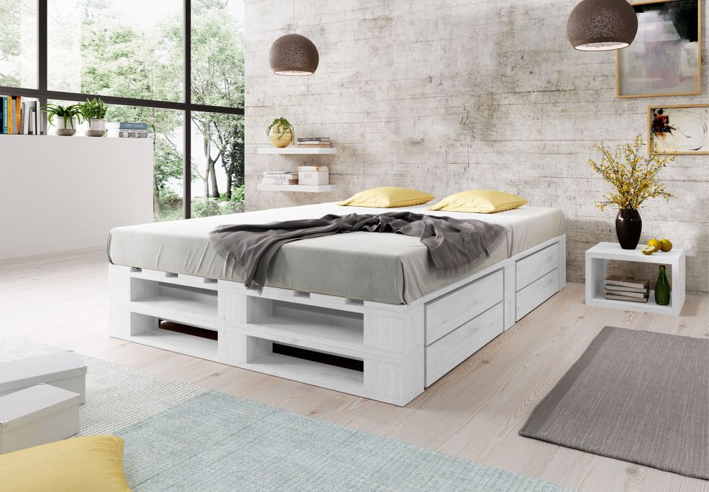 Lermowood Palettenbett M2 180 x 200 cm mit 2 Bettkästen Weiß, Erhöhte Komforthöhe 40 cm, Massivholz
