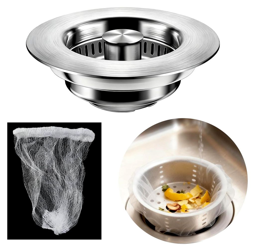 Abflusssieb für Küchenspüle und Waschbeckenstöpsel, 3-in-1 Edelstahl Pop-Up Abflussstopfen für Spülen mit Bohrung 75-87 mm, Tiefe >37 mm, ink...