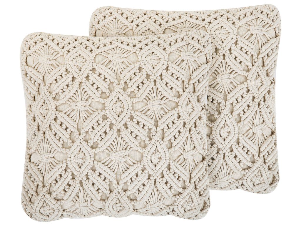 BELIANI Dekokissen 2er Set Hellbeige Baumwolle Quadratisch 45 x 45 cm Strickmuster Makramee Boho-Stil Sofakissen Zierkissen für Wohnzimmer Schlafz...