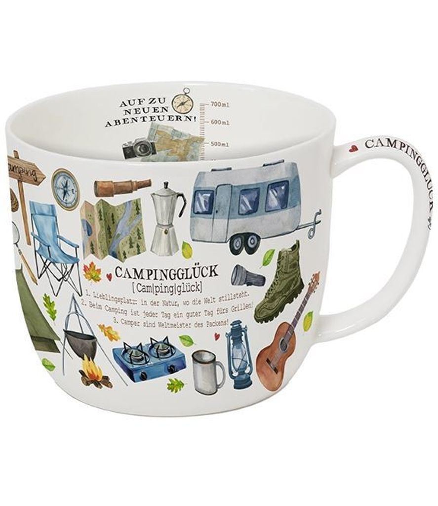 Kaffeebecher Camping Glück, 700 ml, Kaffeetasse Tassen Teetassen Kaffeepott Henkelbecher, campen, zelten