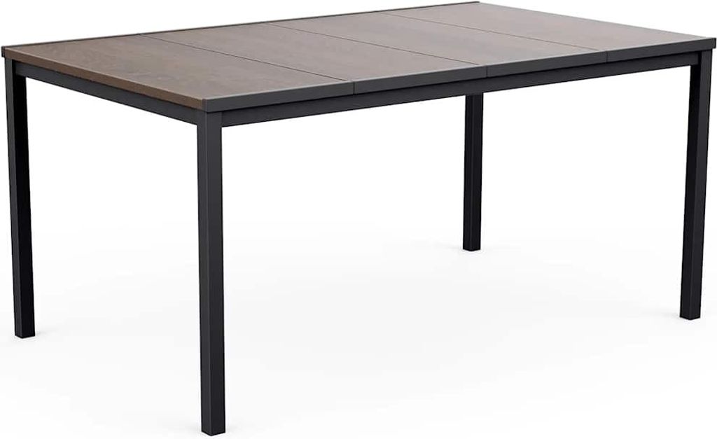 A rectangular dining table with a brown wood-grain tabletop and black metal legs, shown from a slightly elevated front-side angle against a white background.