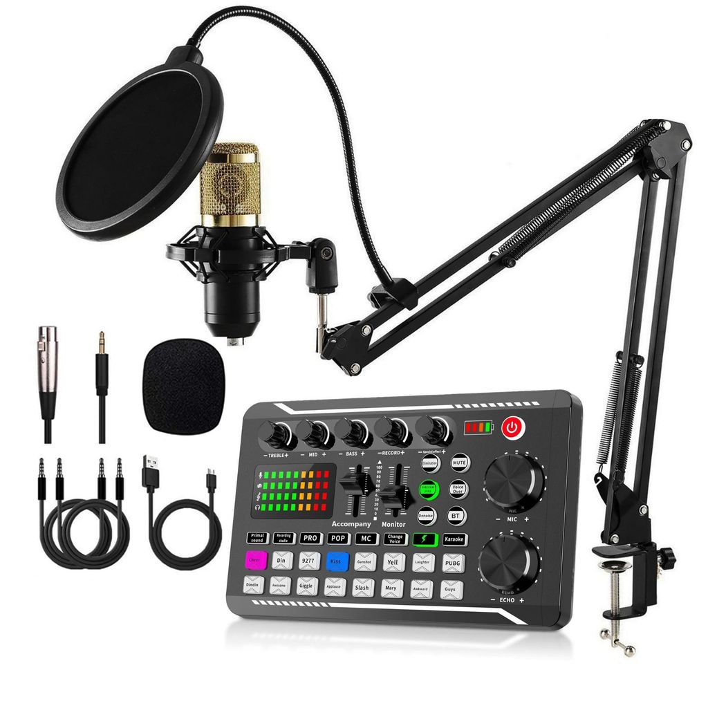 ZELURXX Live-Soundkarte, Bluetooth-Sprachwechsler, Audio Mixer Multifunktionaler, für Live Streaming, Broadcast, mit goldenem Mikrofon-Set