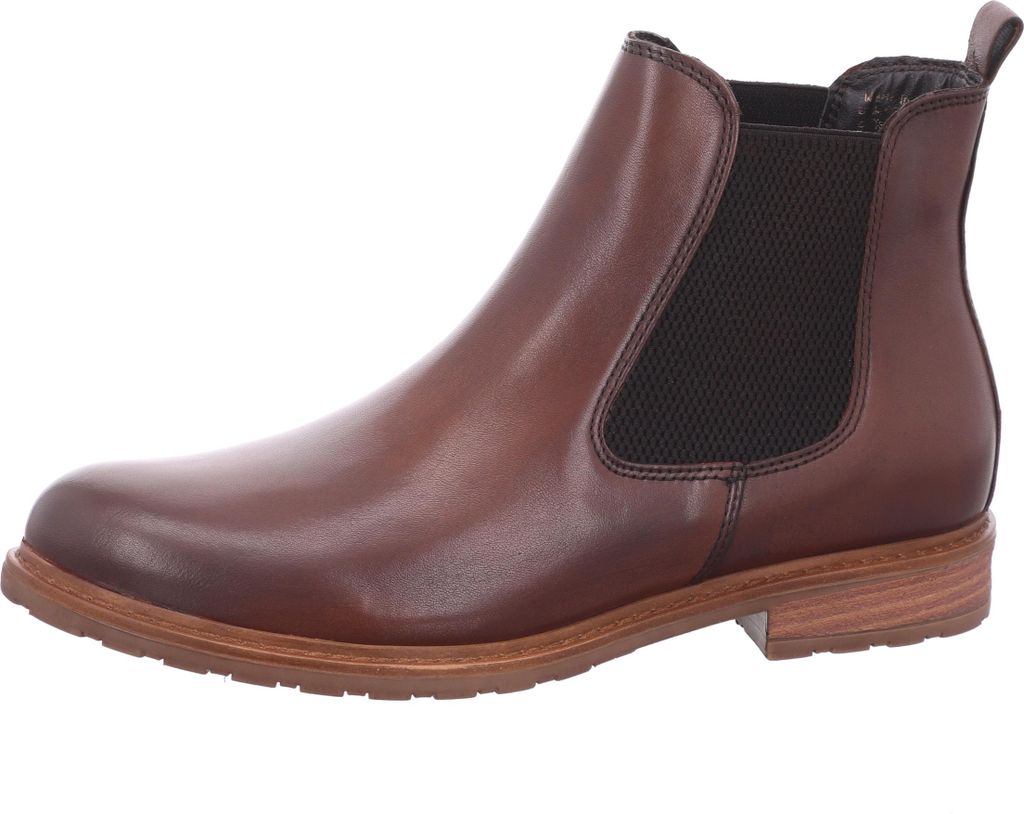 A single brown leather bootie is shown against a white background.