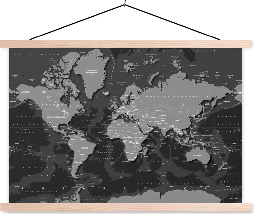MuchoWow Textilposter Abstrakte Weltkarte mit dunklen Schatten - schwarz und weiß 60x40 cm mit holzfarbenen Rahmen - Bilder
