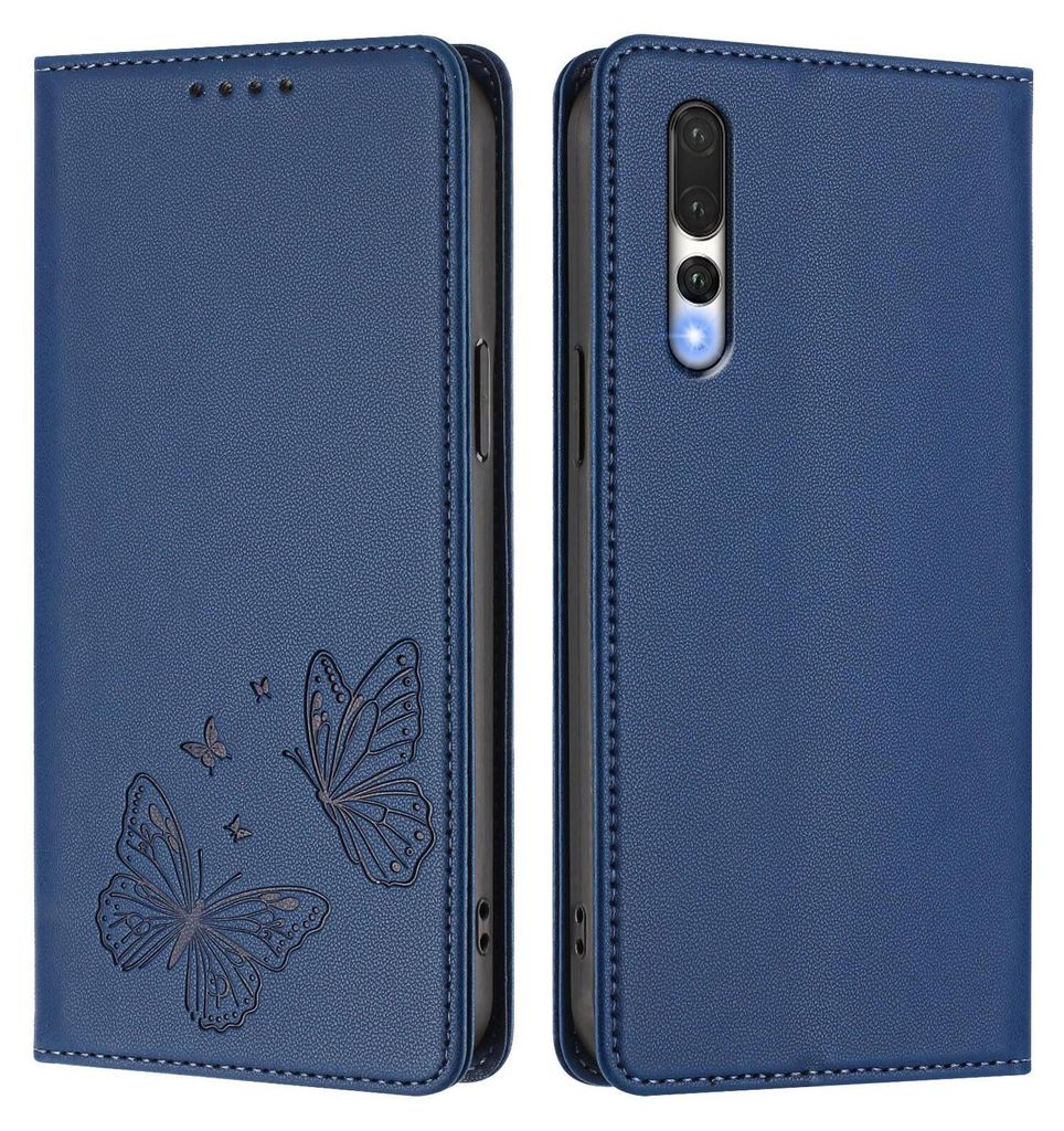 Lederhülle für Huawei P20 Pro, Schmetterling Prägung Leder Brieftasche Schutzhülle mit Ständer Dunkelblau