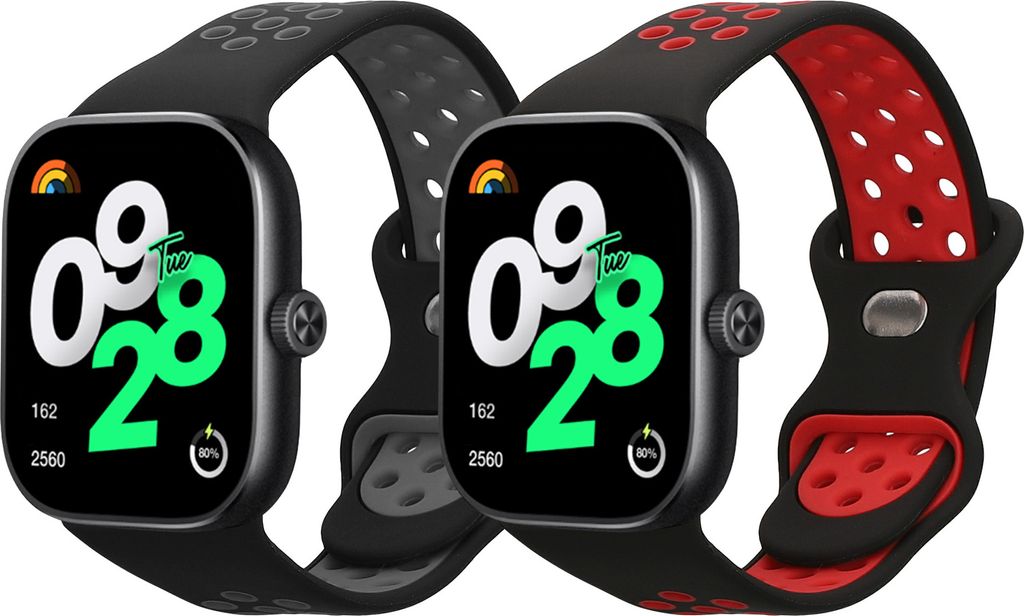 kwmobile 2x Uhrenarmband für Xiaomi Redmi Watch 4 Armband - Fitnesstracker Band Set aus TPU Silikon - Ersatzarmband Smartwatch - Schwarz Rot Schwarz