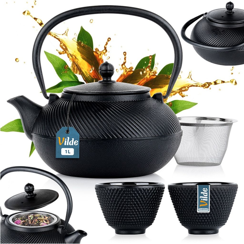 Vilde Teekanne Teekessel mit Teesieb und Teeschalen aus Gusseisen emailliert CAST LINE 1 L 60 ml 4-tlg.