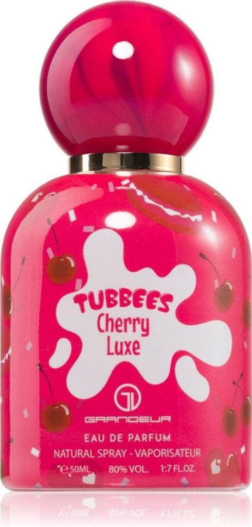 A perfume bottle with a pink, cherry-themed design.