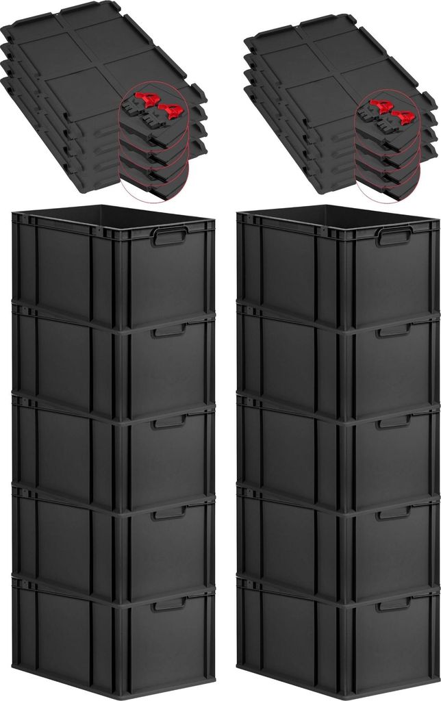 SuperSparSet 10x Eurobox NextGen Grip mit Scharnierdeckel und roten Schiebeschnappverschlüssen | HxBxT 32x40x60cm | 65 Liter | Schwarz | Griffe ge...